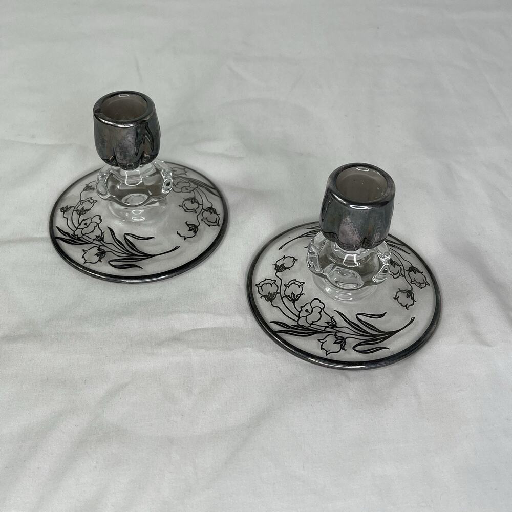Candle Stick Holder Glass With Sterling Silver Overlay Floral Design vintage